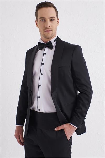 Black 056 Slim Fit Çıkma Saten Yaka Siyah Damatlık Smokin Takım