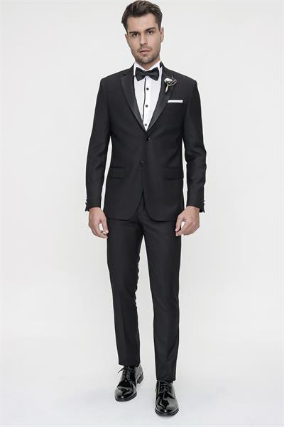 Black 059 Slim Fit Çıkma Saten Yaka Siyah Damatlık Smokin Takım