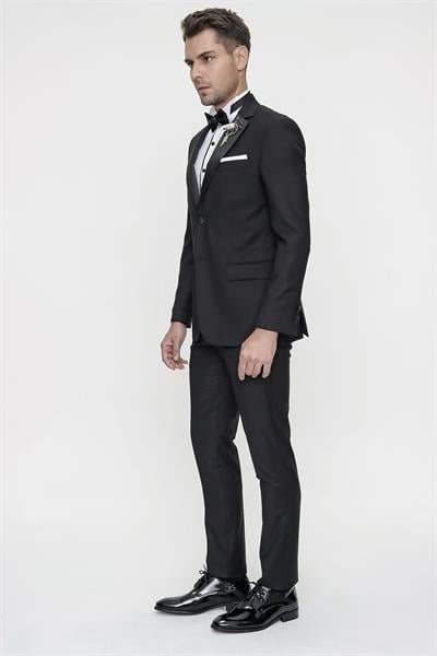 Black 059 Slim Fit Çıkma Saten Yaka Siyah Damatlık Smokin Takım