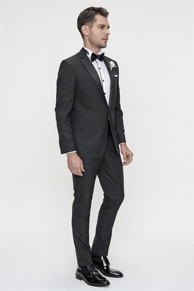 Black 060 Slim Fit Çıkma Saten Yaka Siyah Damatlık Smokin Takım