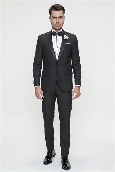 Black 060 Slim Fit Çıkma Saten Yaka Siyah Damatlık Smokin Takım