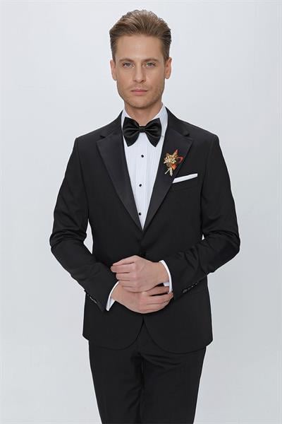 Black 061 Slim Fit Çıkma Saten Yaka Siyah Damatlık Smokin Takım