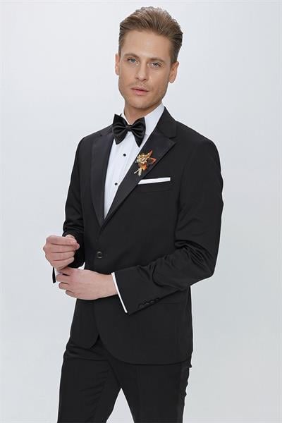 Black 061 Slim Fit Çıkma Saten Yaka Siyah Damatlık Smokin Takım