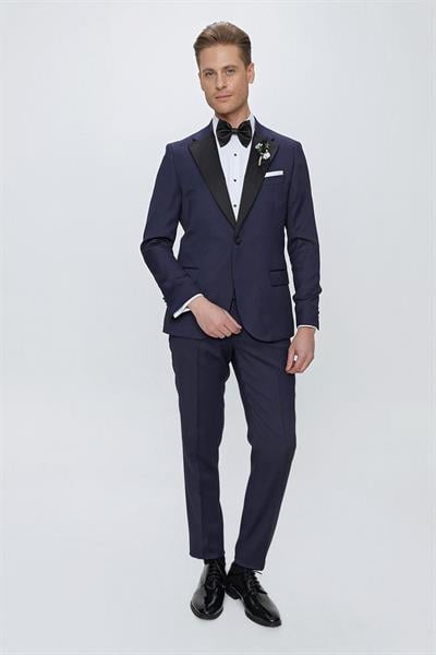 Black 062 Slim Fit Çıkma Saten Yaka Lacivert Damatlık Smokin Takım