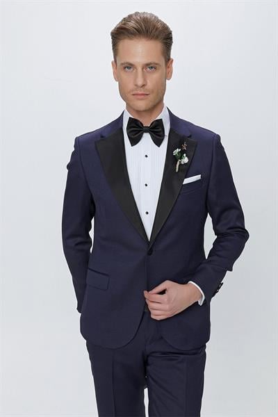 Black 062 Slim Fit Çıkma Saten Yaka Lacivert Damatlık Smokin Takım