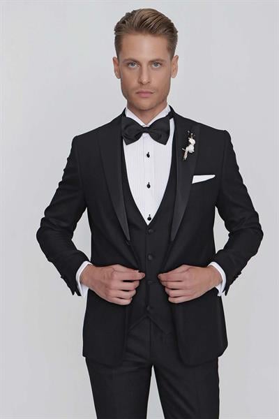 Black 063 Slim Fit Yelekli Çıkma Saten Yaka Siyah Damatlık Smokin Takım