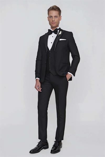 Black 063 Slim Fit Yelekli Çıkma Saten Yaka Siyah Damatlık Smokin Takım