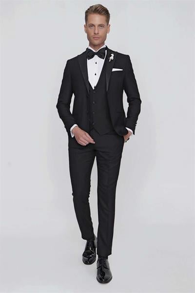 Black 063 Slim Fit Yelekli Çıkma Saten Yaka Siyah Damatlık Smokin Takım
