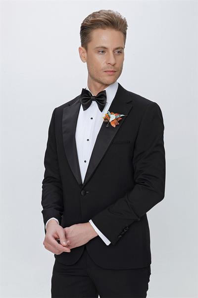 Black 064 Slim Fit Çıkma Saten Yaka Siyah Damatlık Smokin Takım