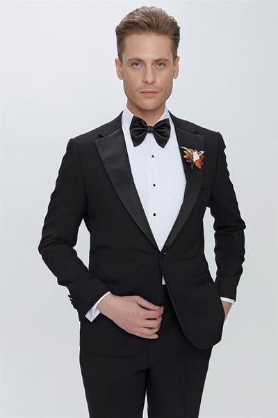 Black 064 Slim Fit Çıkma Saten Yaka Siyah Damatlık Smokin Takım
