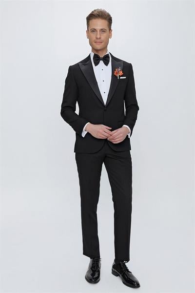 Black 065 Slim Fit Çıkma Saten Yaka Siyah Damatlık Smokin Takım