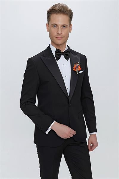 Black 065 Slim Fit Çıkma Saten Yaka Siyah Damatlık Smokin Takım