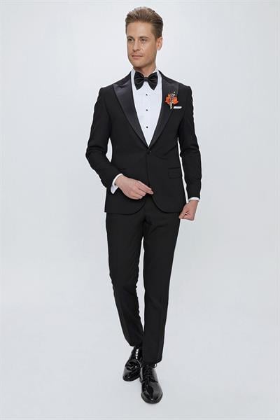 Black 065 Slim Fit Çıkma Saten Yaka Siyah Damatlık Smokin Takım