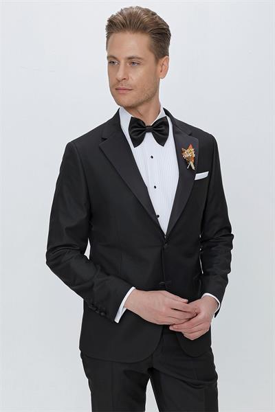 Black 066 Slim Fit Çıkma Saten Yaka Siyah Damatlık Smokin Takım