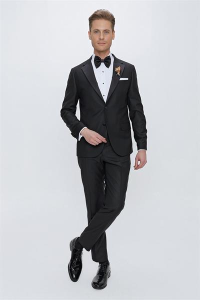 Black 066 Slim Fit Çıkma Saten Yaka Siyah Damatlık Smokin Takım