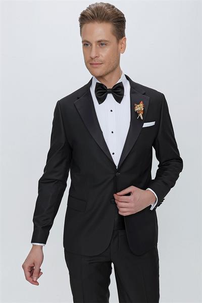 Black 066 Slim Fit Çıkma Saten Yaka Siyah Damatlık Smokin Takım