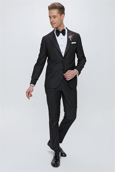 Black 066 Slim Fit Çıkma Saten Yaka Siyah Damatlık Smokin Takım