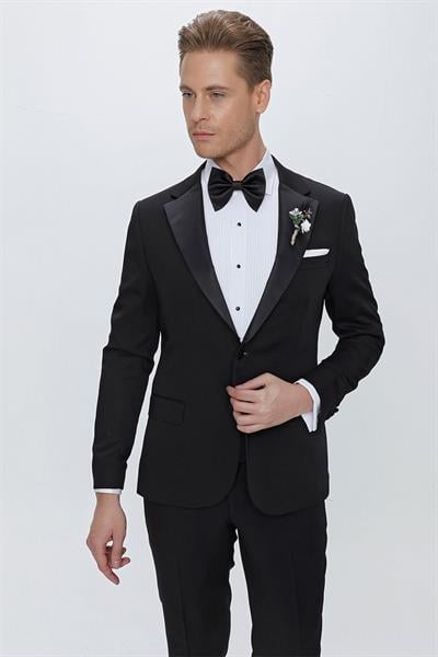 Black 067 Slim Fit Çıkma Saten Yaka Siyah Damatlık Smokin Takım