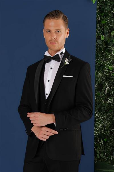 Black 069 Slim Fit Yelekli Çıkma Saten Yaka Çift Yırtmaçlı Siyah Damatlık Smokin Takım