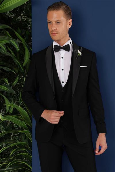Black 069 Slim Fit Yelekli Çıkma Saten Yaka Çift Yırtmaçlı Siyah Damatlık Smokin Takım