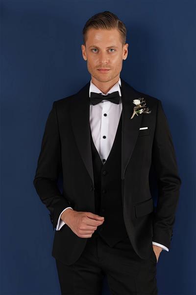 Black 070 Slim Fit Yelekli Çıkma Saten Yaka Siyah Damatlık Smokin Takım