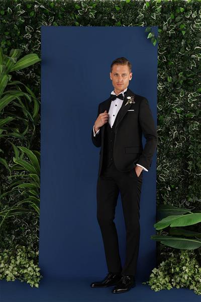 Black 070 Slim Fit Yelekli Çıkma Saten Yaka Siyah Damatlık Smokin Takım