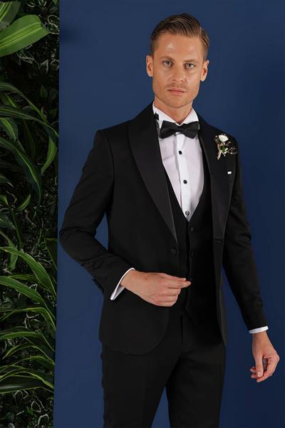 Black 070 Slim Fit Yelekli Çıkma Saten Yaka Siyah Damatlık Smokin Takım
