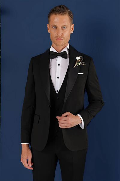 Black 070 Slim Fit Yelekli Çıkma Saten Yaka Siyah Damatlık Smokin Takım
