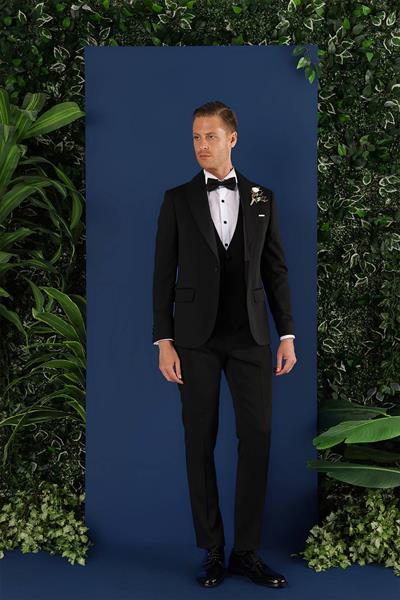 Black 070 Slim Fit Yelekli Çıkma Saten Yaka Siyah Damatlık Smokin Takım