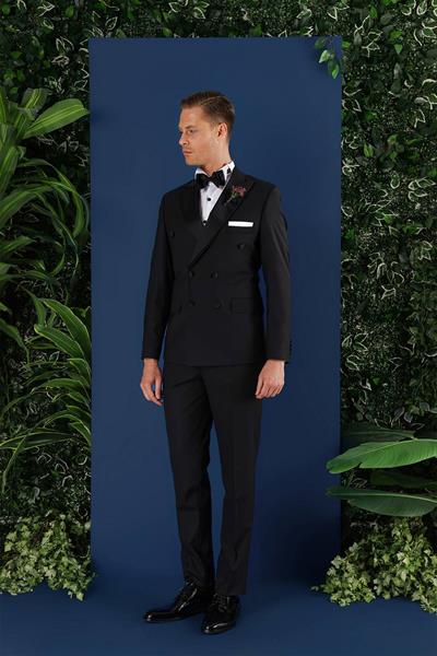 Black 071Slim Fit Çıkma Saten Yaka Kruvaze Siyah Damatlık Smokin Takım