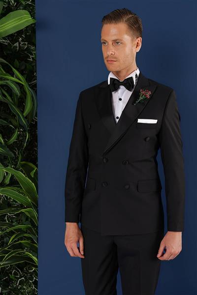 Black 071Slim Fit Çıkma Saten Yaka Kruvaze Siyah Damatlık Smokin Takım