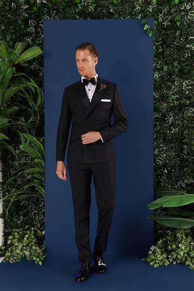 Black 071Slim Fit Çıkma Saten Yaka Kruvaze Siyah Damatlık Smokin Takım