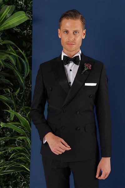 Black 071Slim Fit Çıkma Saten Yaka Kruvaze Siyah Damatlık Smokin Takım