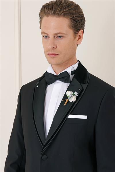 Black 074 Slim Fit Çıkma Saten Yaka Siyah Damatlık Smokin Takım