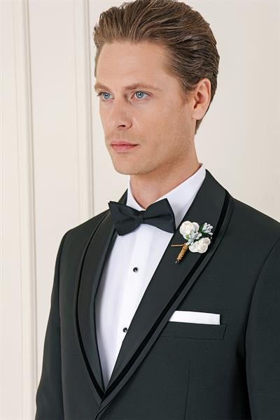 Black 075 Slim Fit Çıkma Saten Yaka Siyah Damatlık Smokin Takım