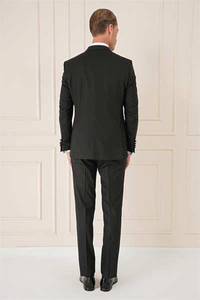 Black 077 Slim Fit Çıkma Saten Yaka Yelekli Siyah Damatlık Smokin Takım