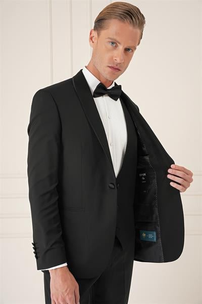 Black 078 Slim Fit Çıkma Saten Yaka Cerutti Kumaş Yelekli Siyah Damatlık Smokin Takım