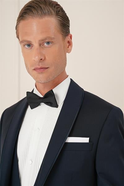 Black 078 Slim Fit Çıkma Saten Yaka Cerutti Kumaş Yelekli Lacivert Damatlık Smokin Takım