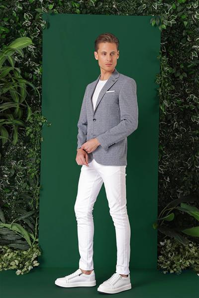 C 665 Comfort Fit Kırçıllı Dokuma Pamuklu Casuel Mavi Ceket