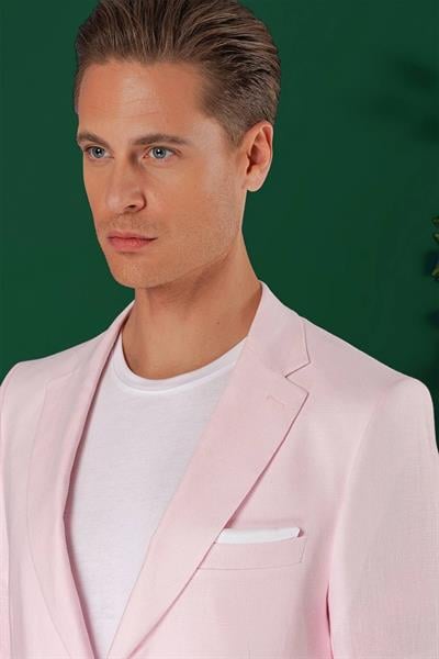 C 668 Comfort Fit Çift Yırtmaç %100 Keten Casuel Pembe Ceket