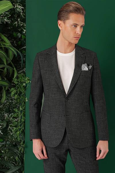 C 669 Comfort Fit Torba Cep Pötikare Gofre Kumaş Esnek Casuel Siyah Ceket