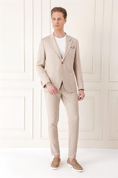 C 671 Comfort Fit Çift Yırtmaç İtalyan Çizgili Keten Casuel Bej Ceket