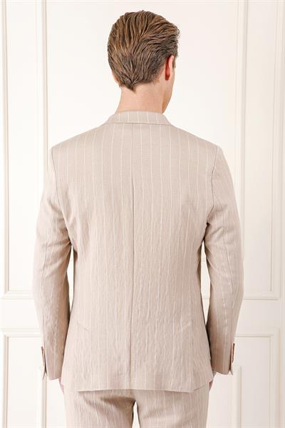 C 671 Comfort Fit Çift Yırtmaç İtalyan Çizgili Keten Casuel Bej Ceket