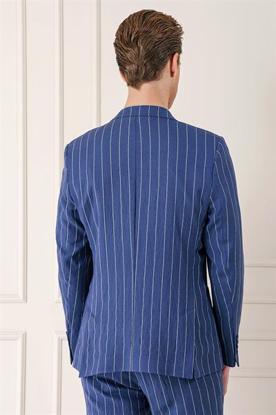 C 671 Comfort Fit Çift Yırtmaç İtalyan Çizgili Keten Casuel İndigo Ceket