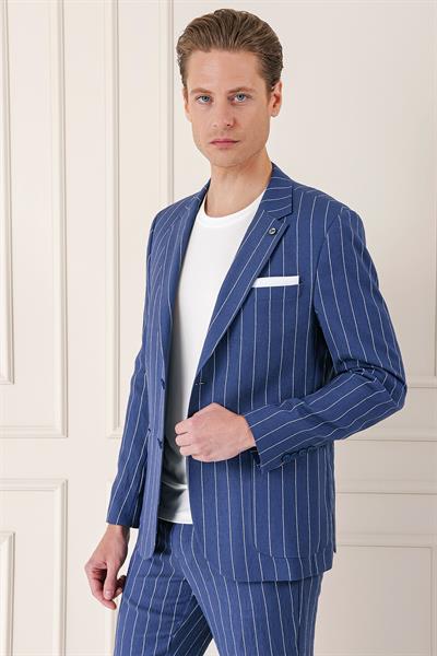 C 671 Comfort Fit Çift Yırtmaç İtalyan Çizgili Keten Casuel İndigo Ceket