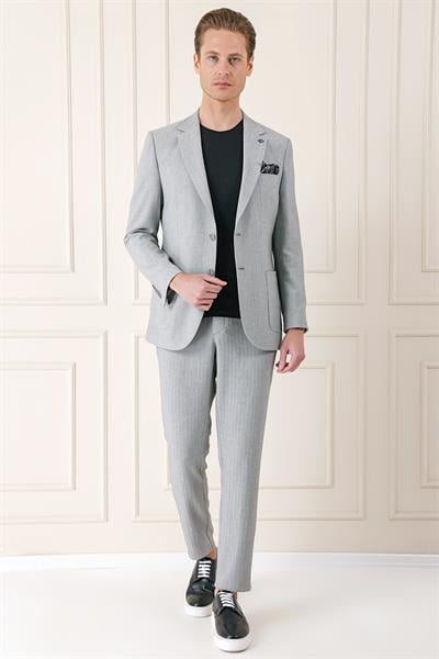 C 672 Comfort Fit Çift Yırtmaç Balıksırtı Dokuma Pamuk Casuel Gri Ceket