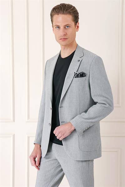 C 672 Comfort Fit Çift Yırtmaç Balıksırtı Dokuma Pamuk Casuel Gri Ceket