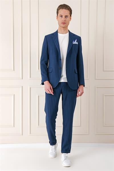 C 674 Comfort Fit Çift Yırtmaç Çizgili Pamuk Casuel Lacivert Ceket