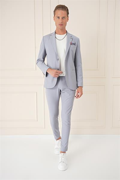 C 675 Comfort Fit Çift Yırtmaç Fleto Cep Esnek Pamuk Casuel Gri Mavi Ceket
