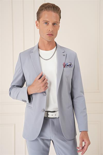 C 675 Comfort Fit Çift Yırtmaç Fleto Cep Esnek Pamuk Casuel Gri Mavi Ceket